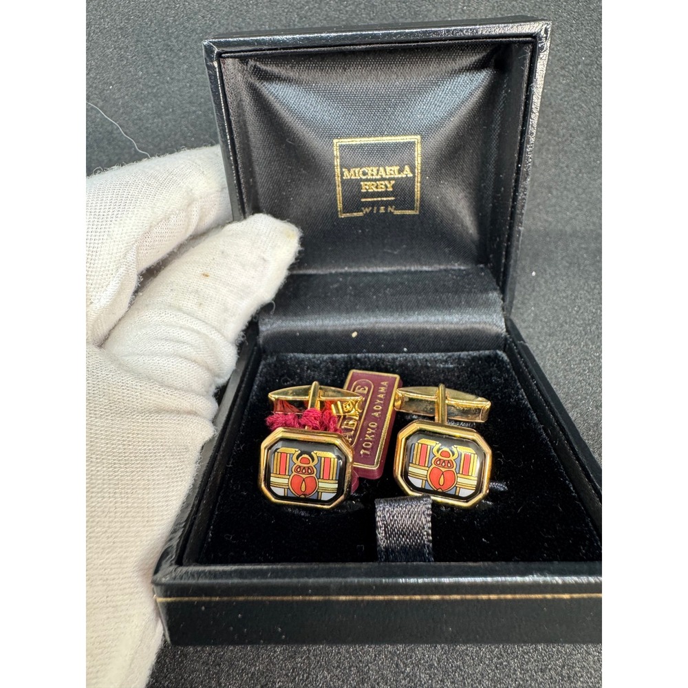 Michaela Frey Wien Enamel Cufflinks Vintage Gold Tone Rectangular original‎ Box